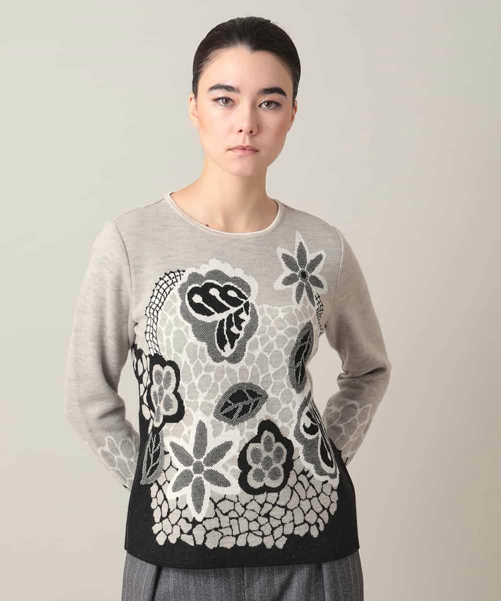 RHFED41630 HIROKO KOSHINO(ヒロココシノ) アートフラワージャカードニットプルオーバー/日本製 ベージュ