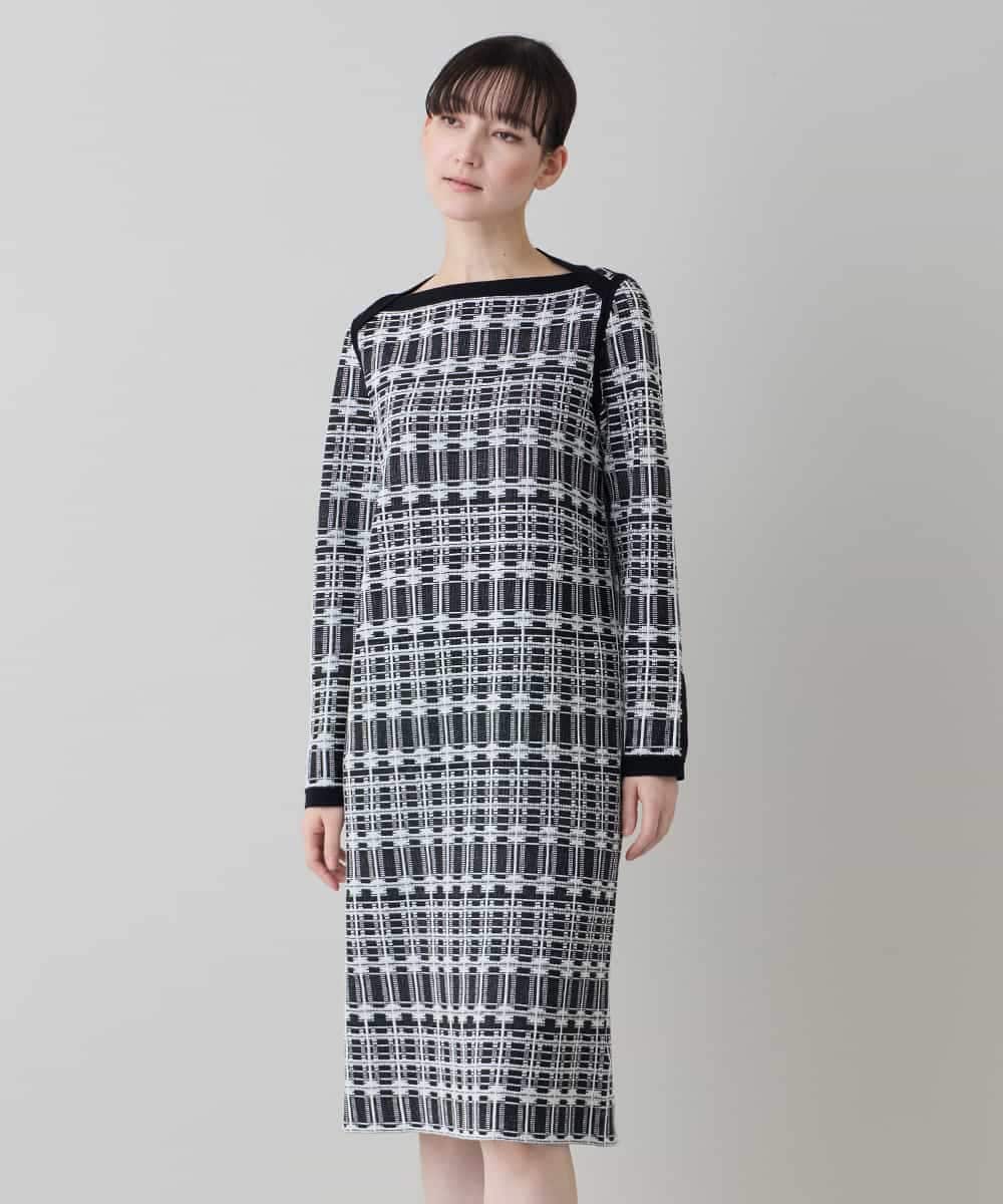 RHFED56830 HIROKO KOSHINO(ヒロココシノ) チェックジャカードニットワンピース ブラック