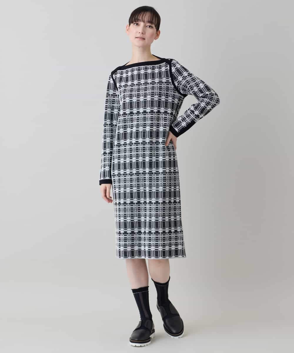 RHFED56830 HIROKO KOSHINO(ヒロココシノ) チェックジャカードニットワンピース ブラック