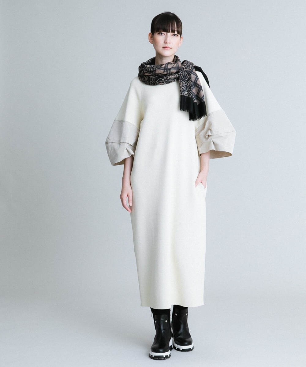RHFJQ11890 HIROKO KOSHINO(ヒロココシノ) タフタジョイントニットワンピース アイボリー