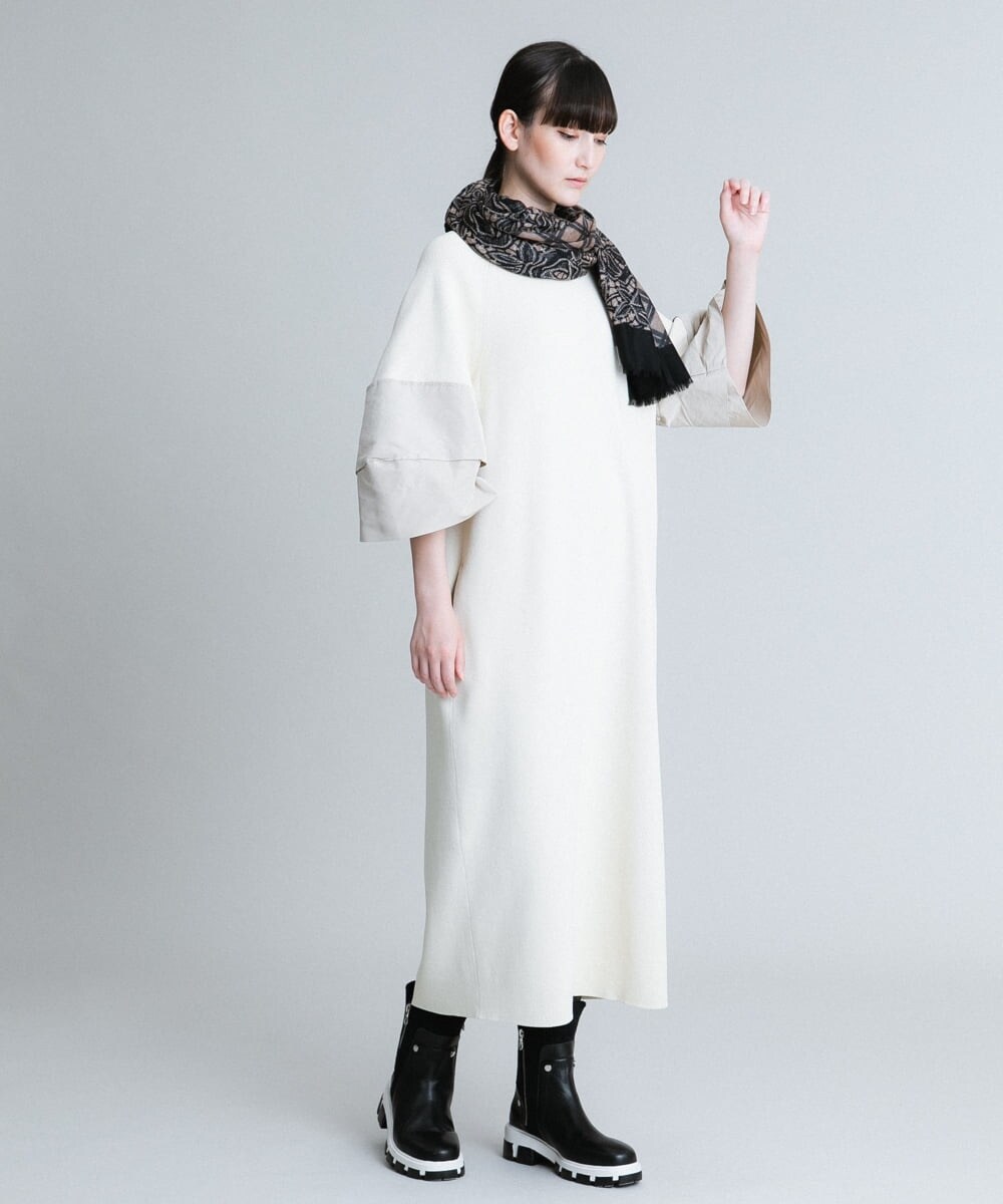 RHFJQ11890 HIROKO KOSHINO(ヒロココシノ) タフタジョイントニットワンピース アイボリー
