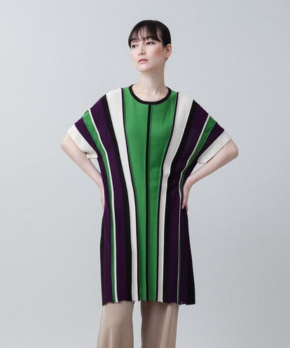 RHFJW60590 HIROKO KOSHINO マルチストライプニットチュニック/日本製