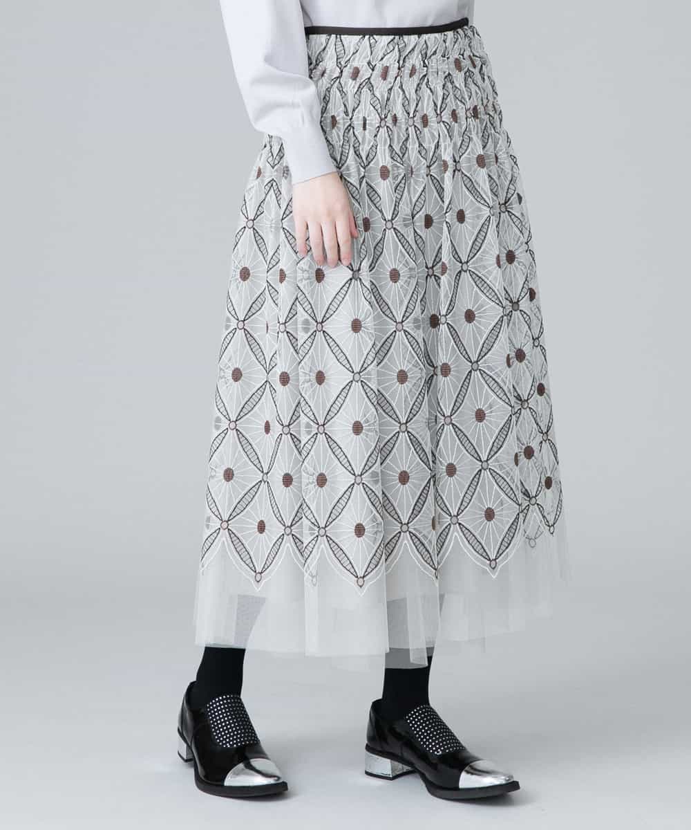 RHHEV12790 HIROKO KOSHINO(ヒロココシノ) 【日本製/洗える】チュールアラベスク刺繍デザインスカート ベージュ