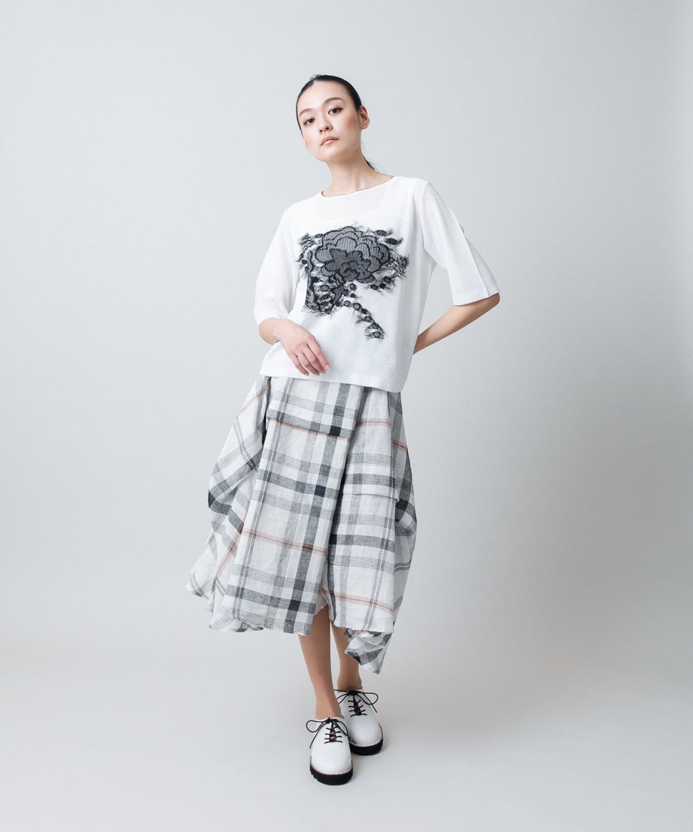 RHHGB24980 HIROKO KOSHINO(ヒロココシノ) 先染めチェックリネンスカート /日本製 ホワイト