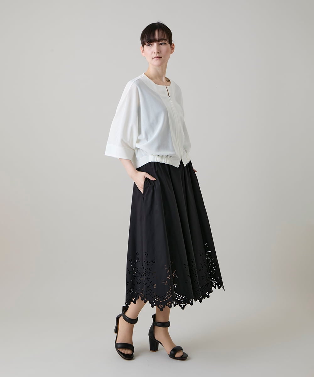 RHHGF35540 HIROKO KOSHINO(ヒロココシノ) カットワークデザインフレアスカート /洗える ベージュ