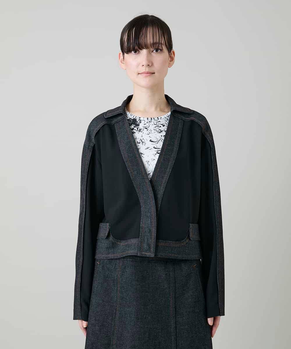 RHJGD01630 HIROKO KOSHINO(ヒロココシノ) 異素材ドッキングシアーデニムジャケット /洗える ブラック