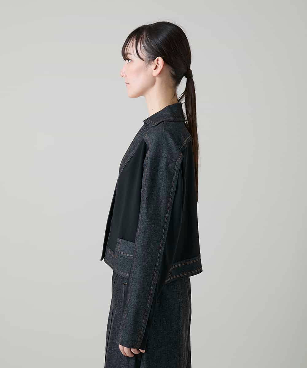 RHJGD01630 HIROKO KOSHINO(ヒロココシノ) 異素材ドッキングシアーデニムジャケット /洗える ブラック