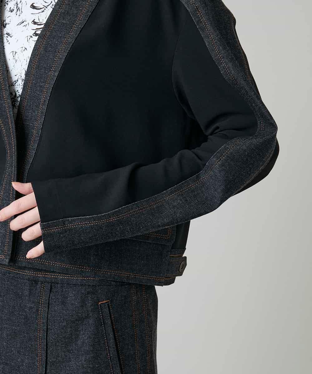 RHJGD01630 HIROKO KOSHINO(ヒロココシノ) 異素材ドッキングシアーデニムジャケット /洗える ブラック