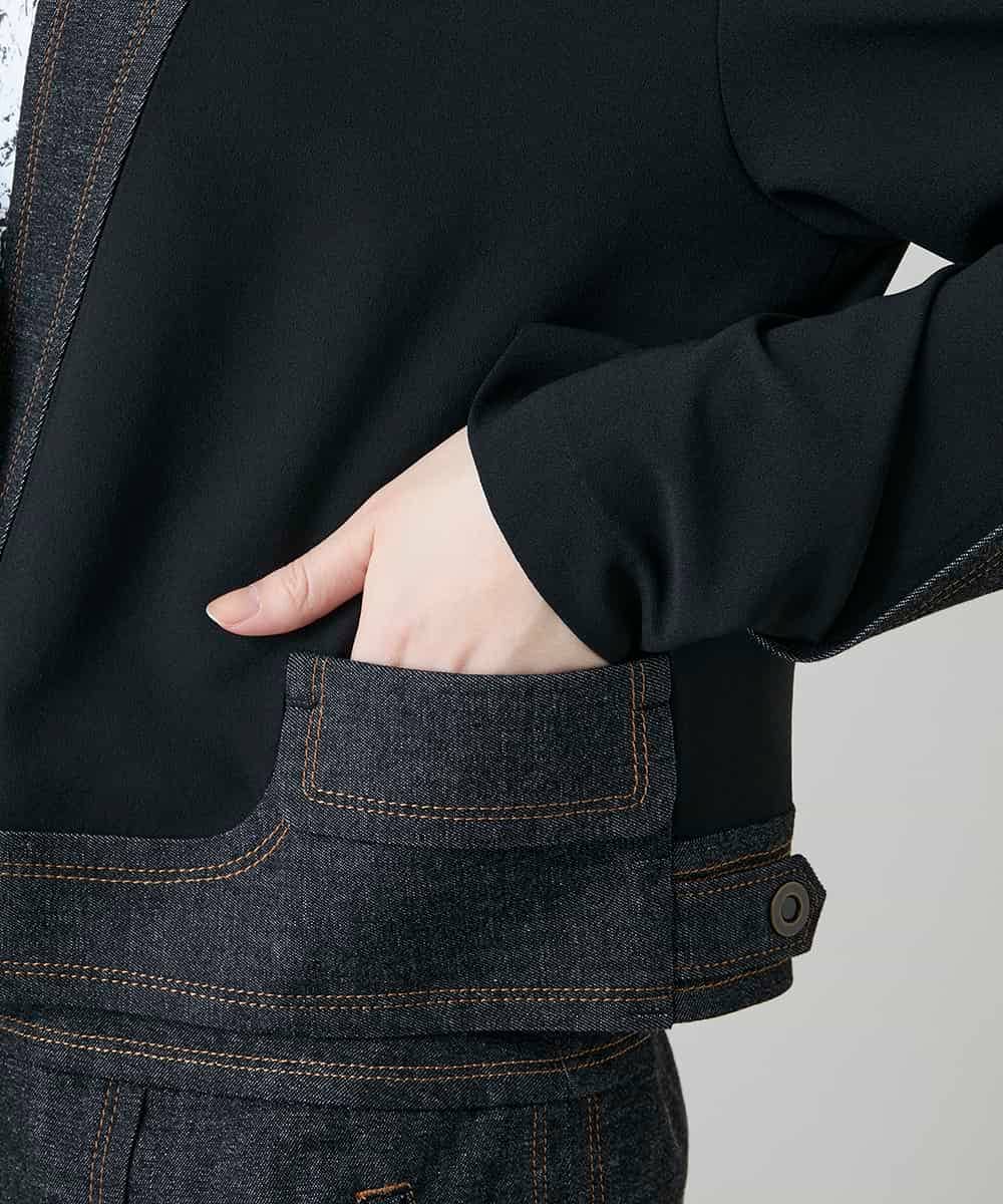 RHJGD01630 HIROKO KOSHINO(ヒロココシノ) 異素材ドッキングシアーデニムジャケット /洗える ブラック
