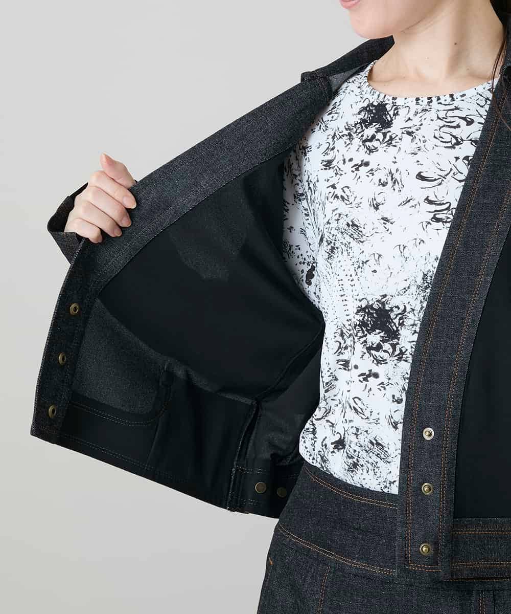 RHJGD01630 HIROKO KOSHINO(ヒロココシノ) 異素材ドッキングシアーデニムジャケット /洗える ブラック