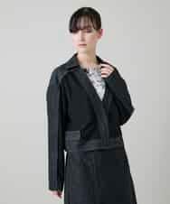 RHJGD01630 HIROKO KOSHINO(ヒロココシノ) 異素材ドッキングシアーデニムジャケット /洗える ブラック