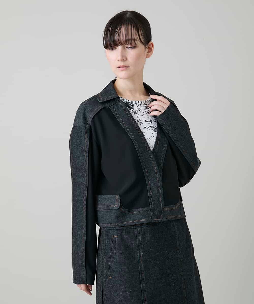 RHJGD01630 HIROKO KOSHINO(ヒロココシノ) 異素材ドッキングシアーデニムジャケット /洗える ブラック