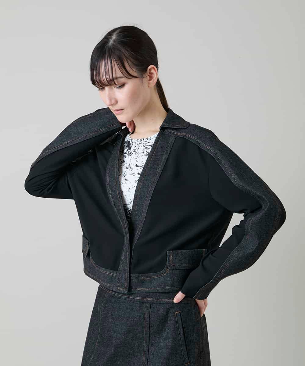 RHJGD01630 HIROKO KOSHINO(ヒロココシノ) 異素材ドッキングシアーデニムジャケット /洗える ブラック