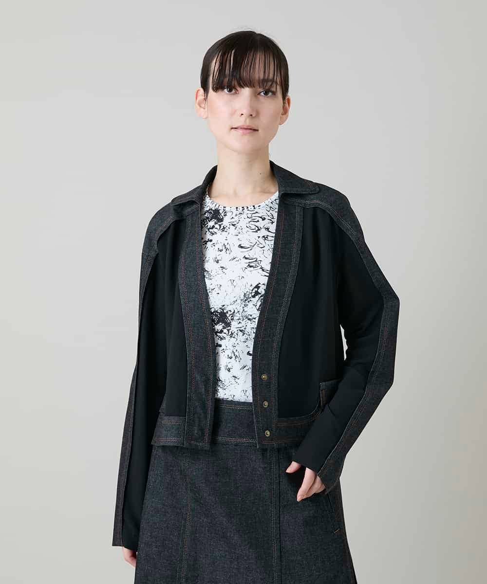 RHJGD01630 HIROKO KOSHINO(ヒロココシノ) 異素材ドッキングシアーデニムジャケット /洗える ブラック