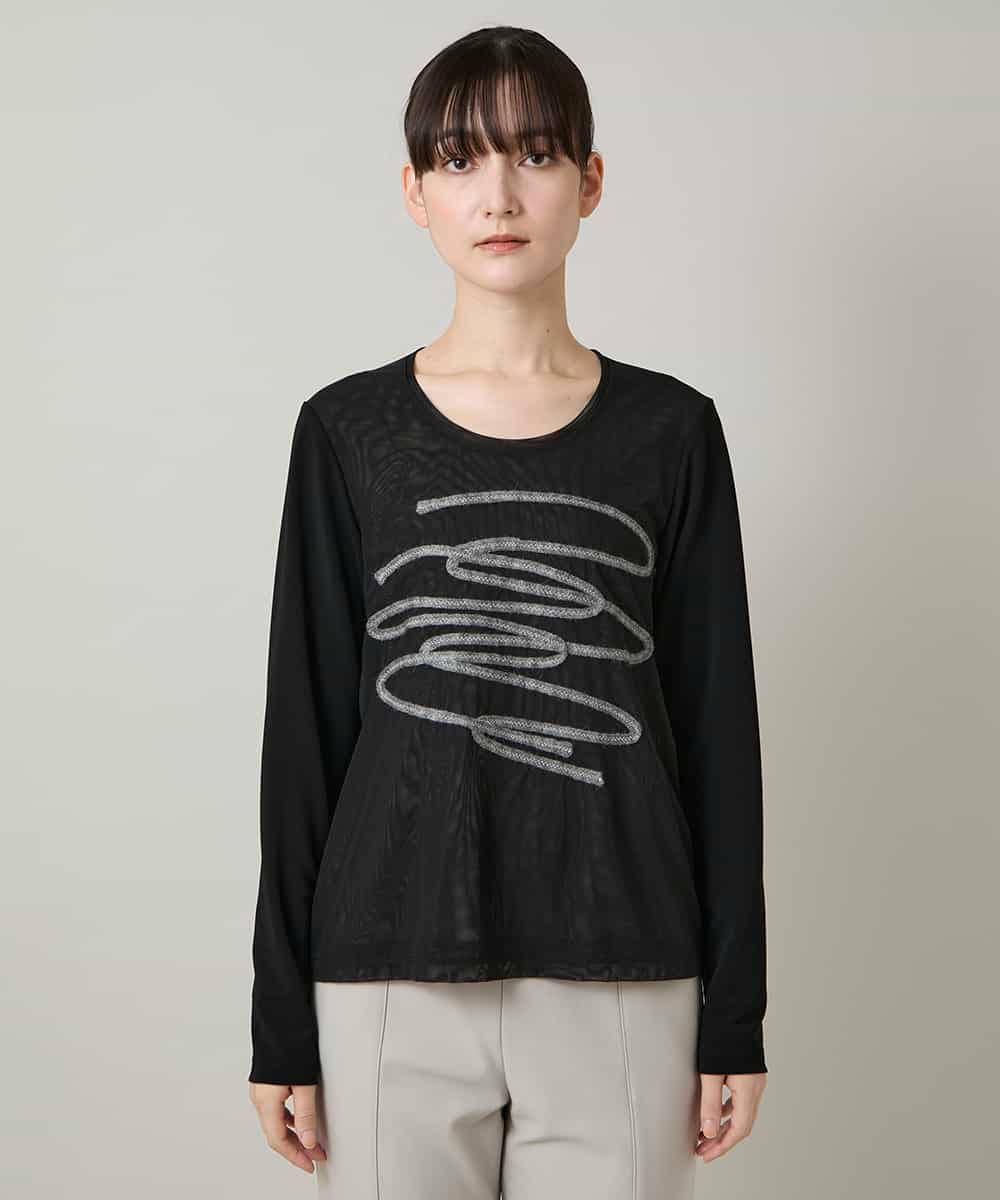 RHKAF30390 HIROKO KOSHINO(ヒロココシノ) コード刺繍チュールレイヤーカットソー/日本製/洗える ブラック