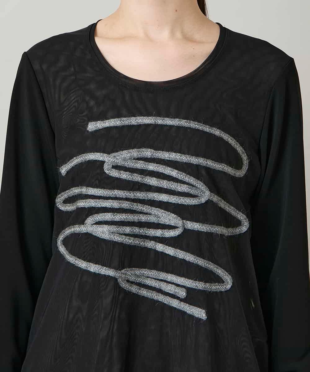 RHKAF30390 HIROKO KOSHINO(ヒロココシノ) コード刺繍チュールレイヤーカットソー/日本製/洗える ブラック