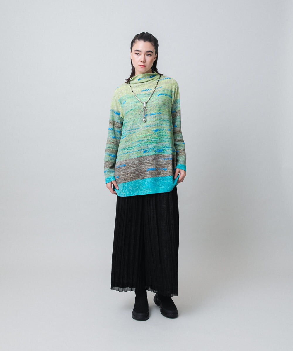 RHKAI30490 HIROKO KOSHINO(ヒロココシノ) トロンプルイユプリントオフネックチュニック /日本製/洗える オレンジ