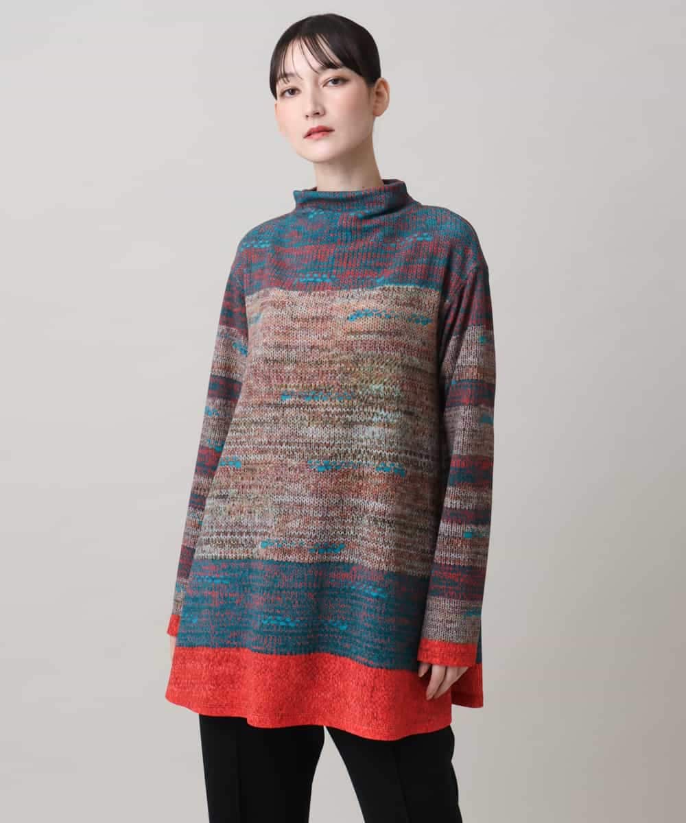 RHKAI30490 HIROKO KOSHINO(ヒロココシノ) トロンプルイユプリントオフネックチュニック /日本製/洗える オレンジ