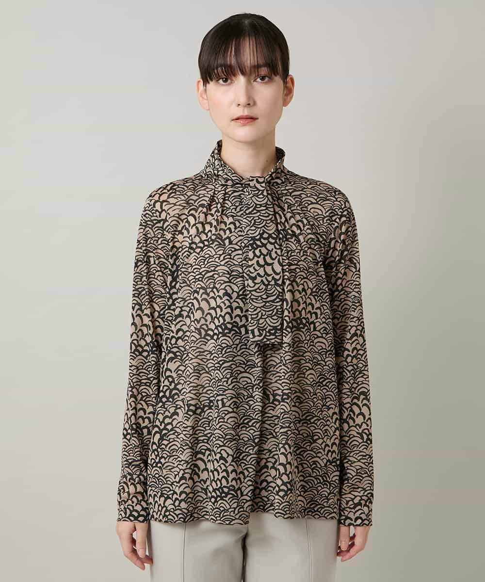 RHKCD32490 HIROKO KOSHINO(ヒロココシノ) アートプリントボウタイブラウス/日本製/洗える ベージュ