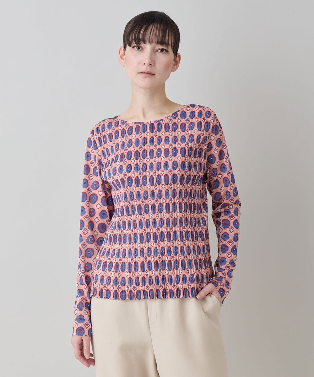 RHKED56390 HIROKO KOSHINO(ヒロココシノ) 幾何プリントプリーツデザインカットソー /洗える ピンク