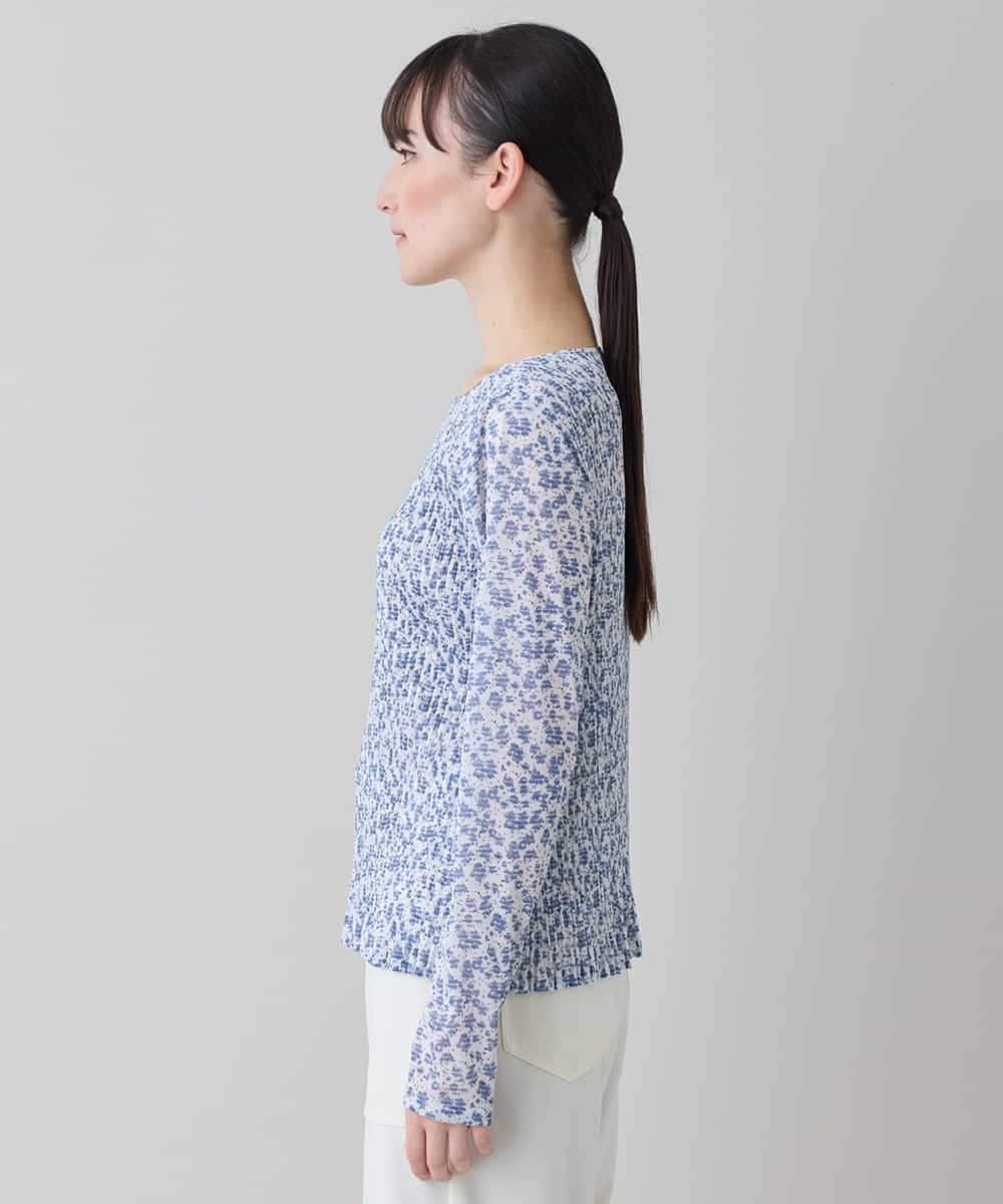 RHKED56390 HIROKO KOSHINO(ヒロココシノ) 幾何プリントプリーツデザインカットソー /洗える ライトブルー