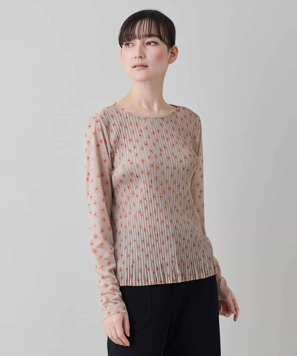 RHKED56390 HIROKO KOSHINO(ヒロココシノ) 幾何プリントプリーツデザインカットソー /洗える ベージュ