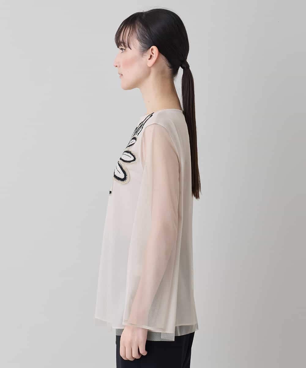 RHKED57590 HIROKO KOSHINO(ヒロココシノ) フラワー刺繍チュールトップス/洗える ベージュ