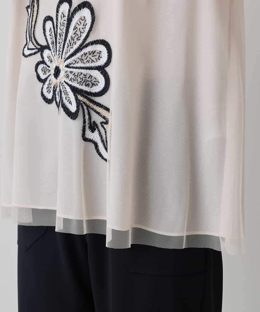 RHKED57590 HIROKO KOSHINO(ヒロココシノ) フラワー刺繍チュールトップス/洗える ベージュ