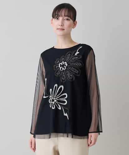 RHKED57590 HIROKO KOSHINO フラワー刺繍チュールトップス/洗える