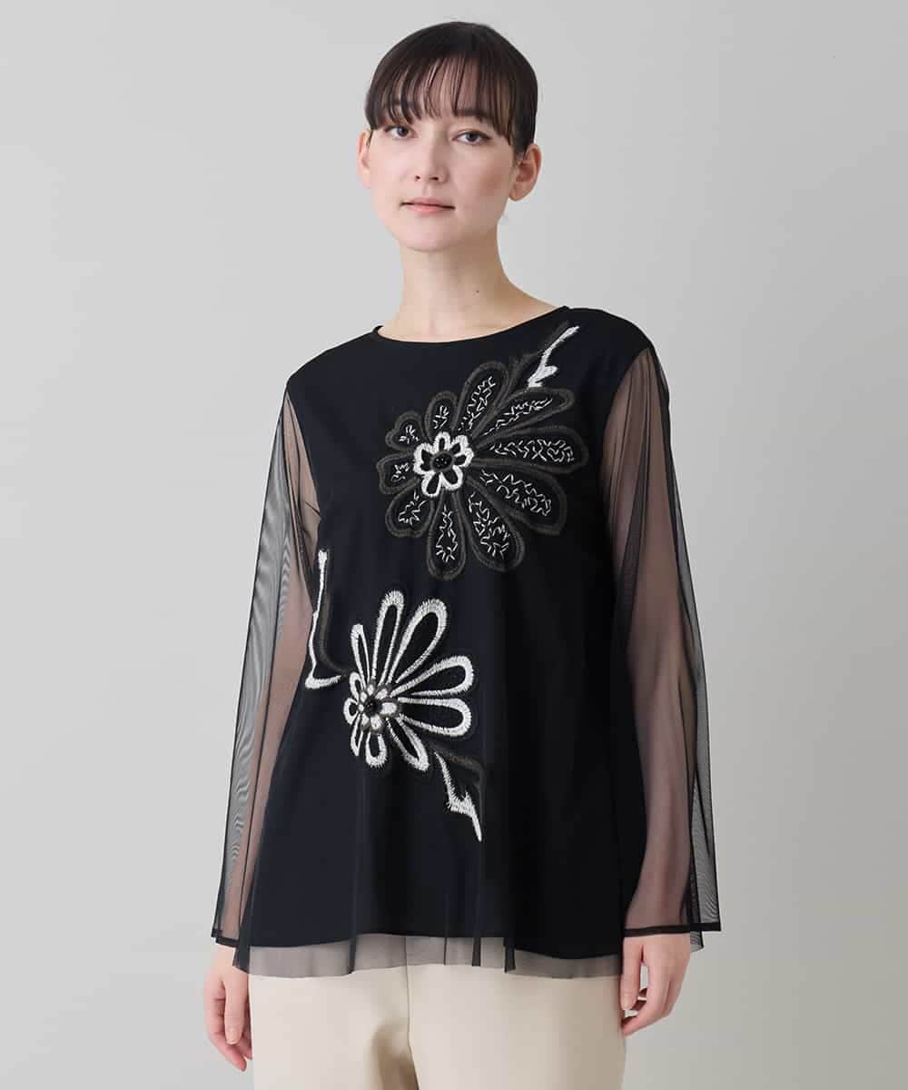 RHKED57590 HIROKO KOSHINO(ヒロココシノ) フラワー刺繍チュールトップス/洗える ブラック