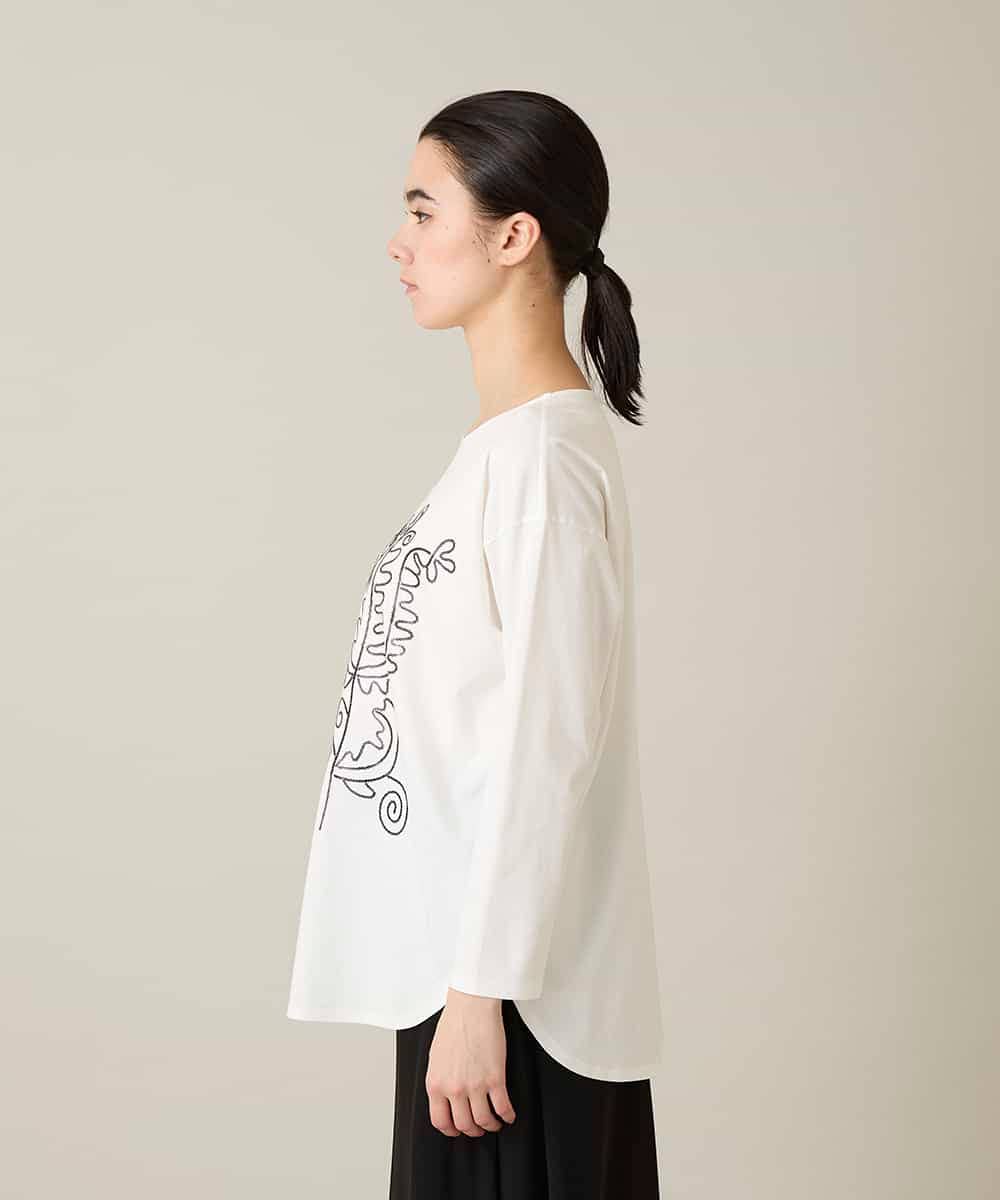RHKFD03490 HIROKO KOSHINO(ヒロココシノ) ボタニカルモチーフ刺繍ロングTシャツ/洗える ホワイト