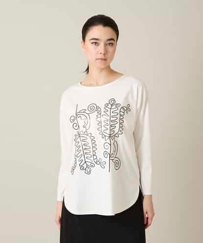 RHKFD03490 HIROKO KOSHINO ボタニカルモチーフ刺繍ロングTシャツ/洗える