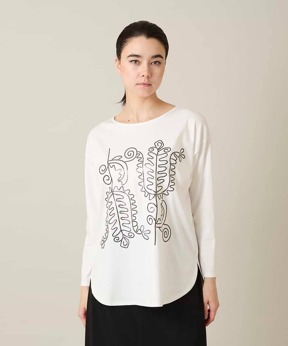 RHKFD03490 HIROKO KOSHINO(ヒロココシノ) ボタニカルモチーフ刺繍ロングTシャツ/洗える ホワイト