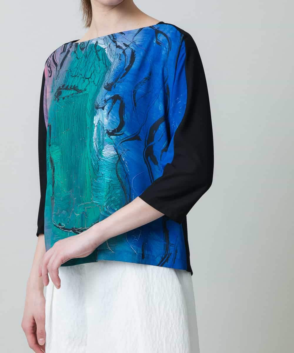 RHKGC27390 HIROKO KOSHINO(ヒロココシノ) 絵画フェイスプリントカットソー /日本製/洗える ブルー
