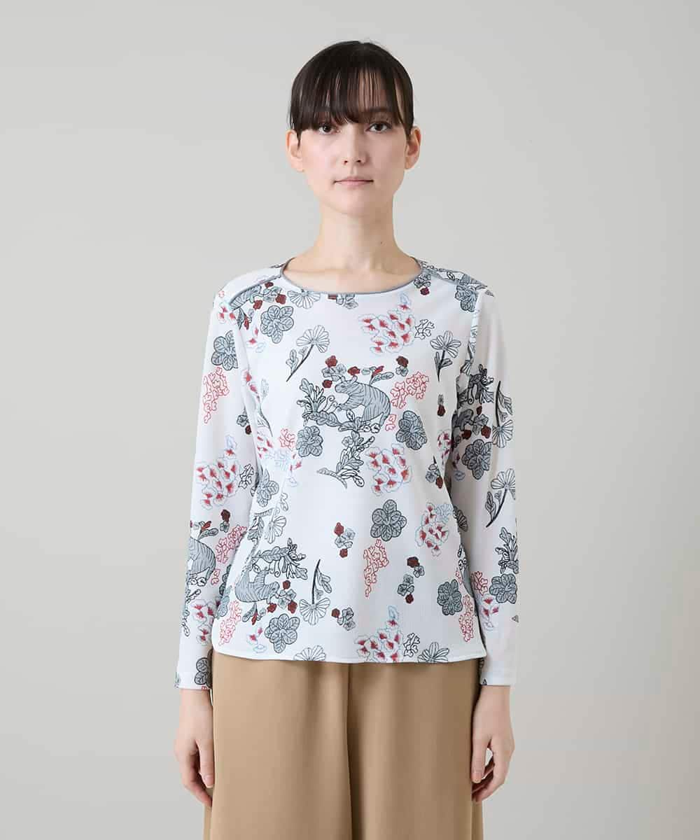 RHKGD01420 HIROKO KOSHINO(ヒロココシノ) オリエンタルアニマルプリントカットソー/日本製/洗える ホワイト