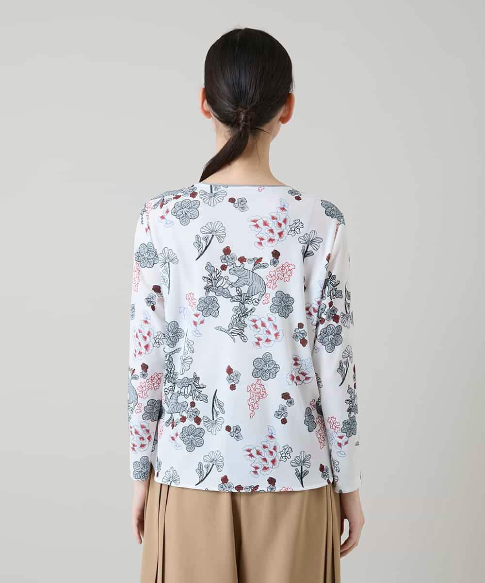 RHKGD01420 HIROKO KOSHINO(ヒロココシノ) オリエンタルアニマルプリントカットソー/日本製/洗える ホワイト