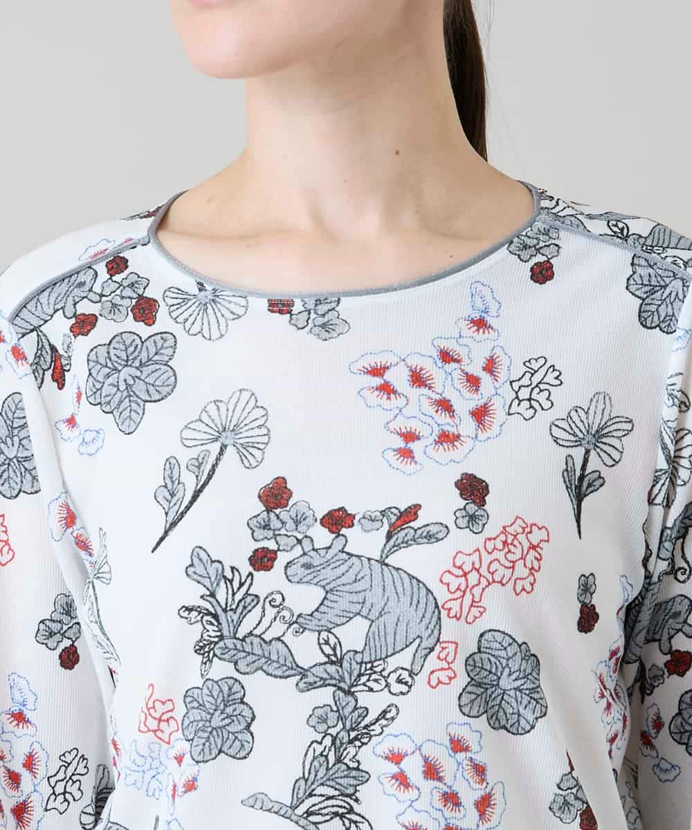 RHKGD01420 HIROKO KOSHINO(ヒロココシノ) オリエンタルアニマルプリントカットソー/日本製/洗える ホワイト