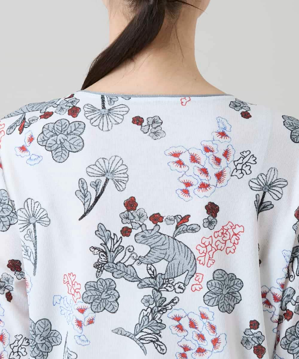 RHKGD01420 HIROKO KOSHINO(ヒロココシノ) オリエンタルアニマルプリントカットソー/日本製/洗える ホワイト