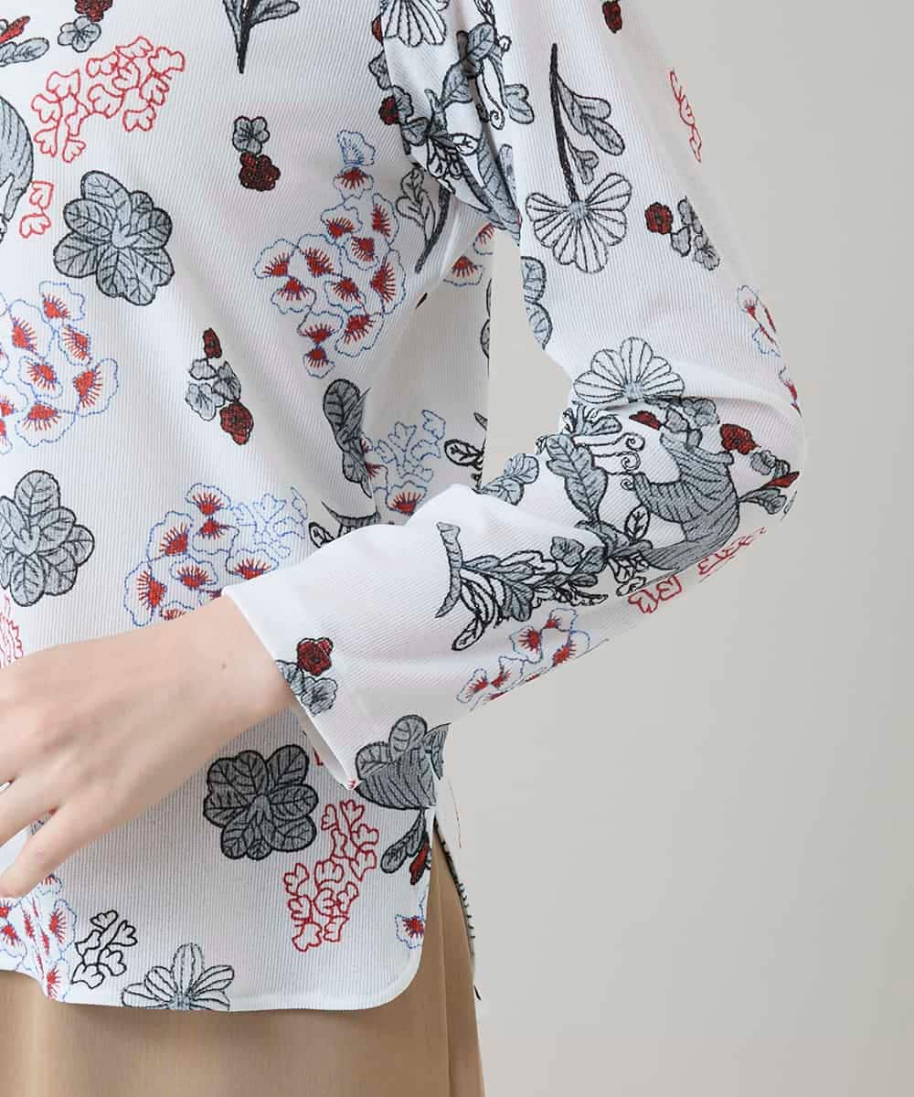 RHKGD01420 HIROKO KOSHINO(ヒロココシノ) オリエンタルアニマルプリントカットソー/日本製/洗える ホワイト