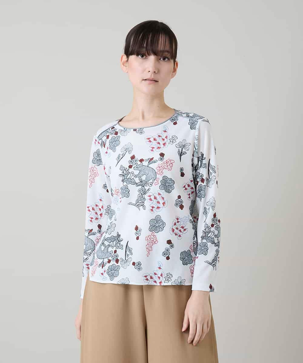 RHKGD01420 HIROKO KOSHINO(ヒロココシノ) オリエンタルアニマルプリントカットソー/日本製/洗える ホワイト