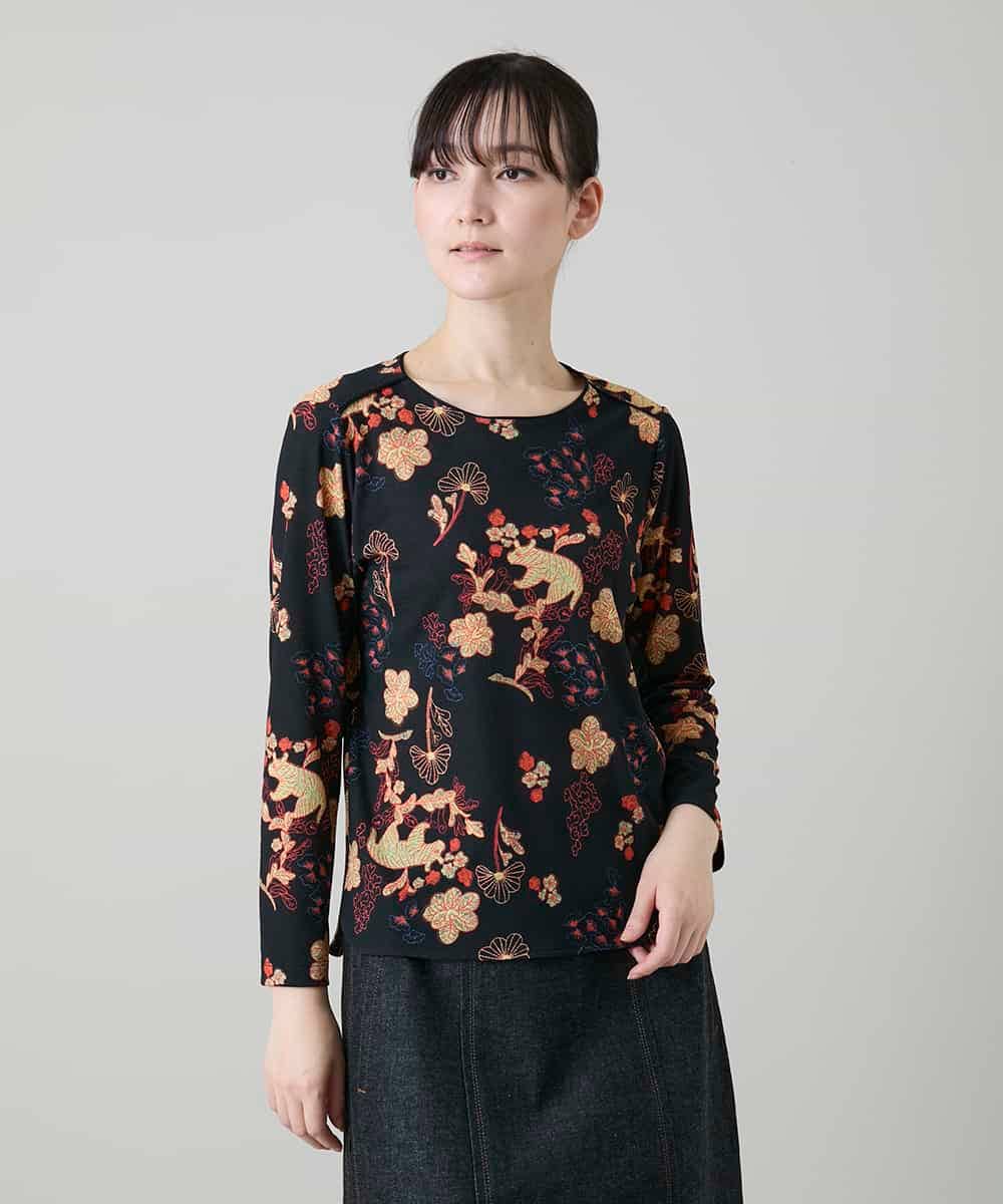 RHKGD01420 HIROKO KOSHINO(ヒロココシノ) オリエンタルアニマルプリントカットソー/日本製/洗える ブラック