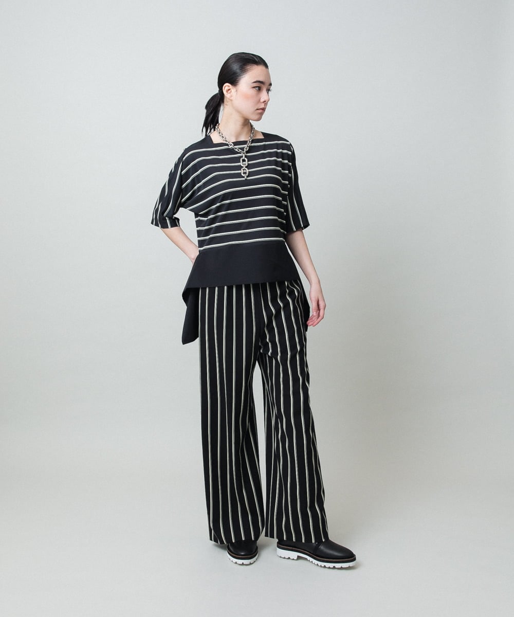 RHKGD06450 HIROKO KOSHINO(ヒロココシノ) アシンメトリーヘムボーダーブラウス/日本製/洗濯機で洗える ブラック