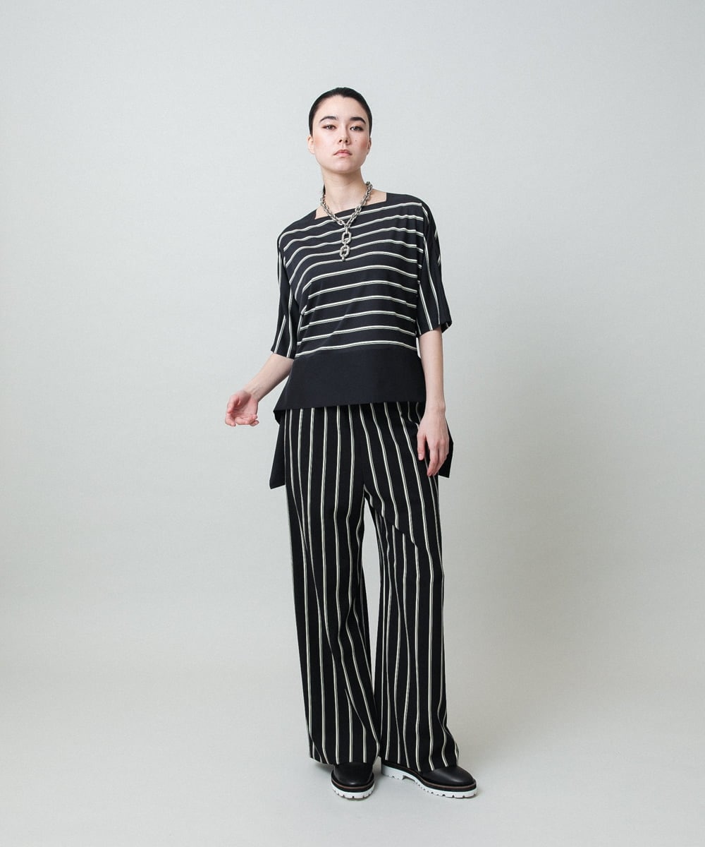 RHKGD06450 HIROKO KOSHINO(ヒロココシノ) アシンメトリーヘムボーダーブラウス/日本製/洗濯機で洗える ブラック