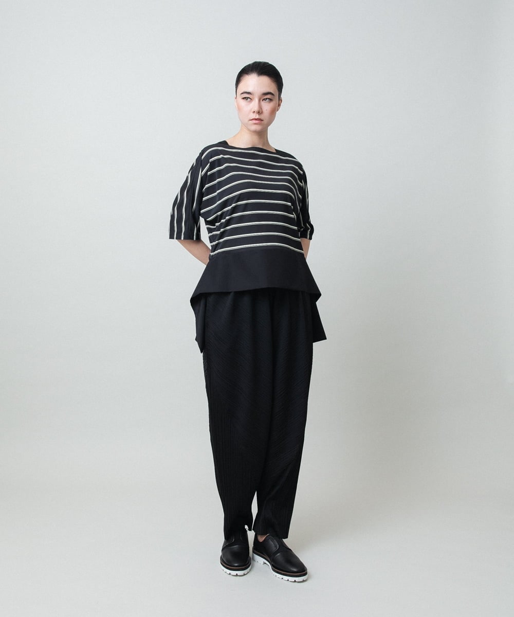 RHKGD06450 HIROKO KOSHINO(ヒロココシノ) アシンメトリーヘムボーダーブラウス/日本製/洗濯機で洗える ブラック