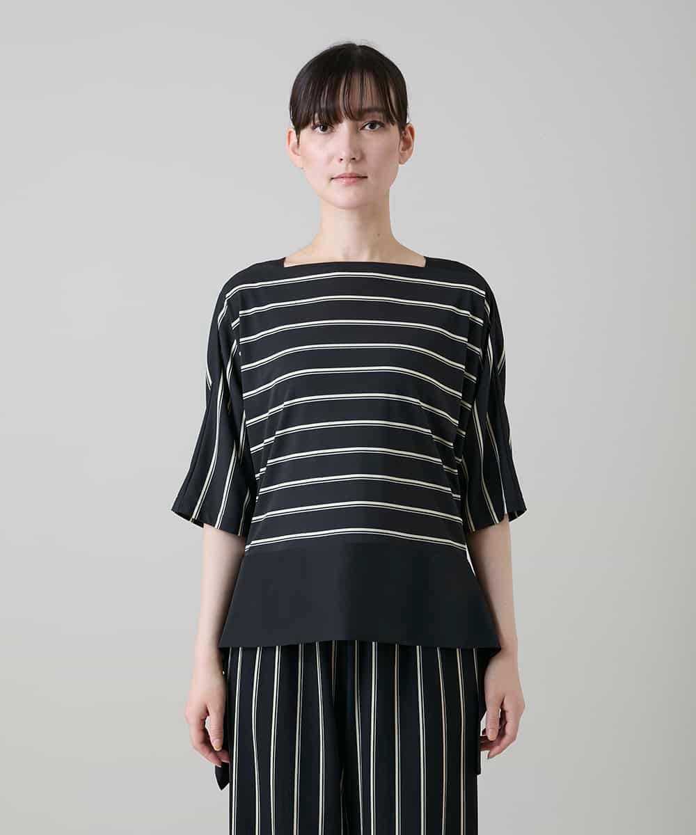 RHKGD06450 HIROKO KOSHINO(ヒロココシノ) アシンメトリーヘムボーダーブラウス/日本製/洗濯機で洗える ブラック