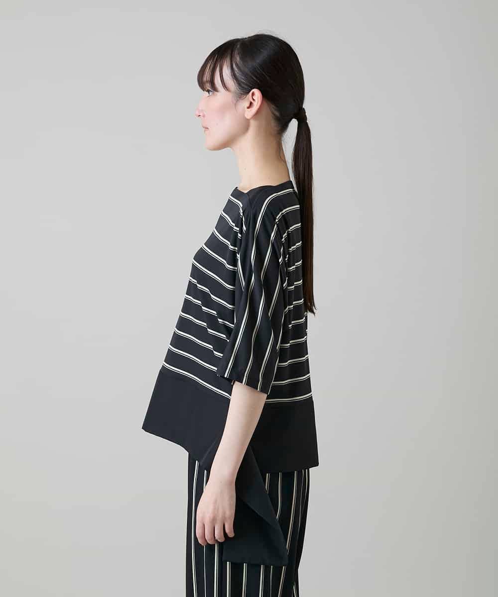 RHKGD06450 HIROKO KOSHINO(ヒロココシノ) アシンメトリーヘムボーダーブラウス/日本製/洗濯機で洗える ブラック