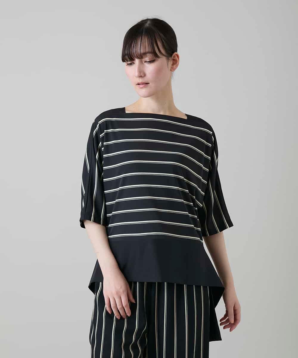 RHKGD06450 HIROKO KOSHINO(ヒロココシノ) アシンメトリーヘムボーダーブラウス/日本製/洗濯機で洗える ブラック