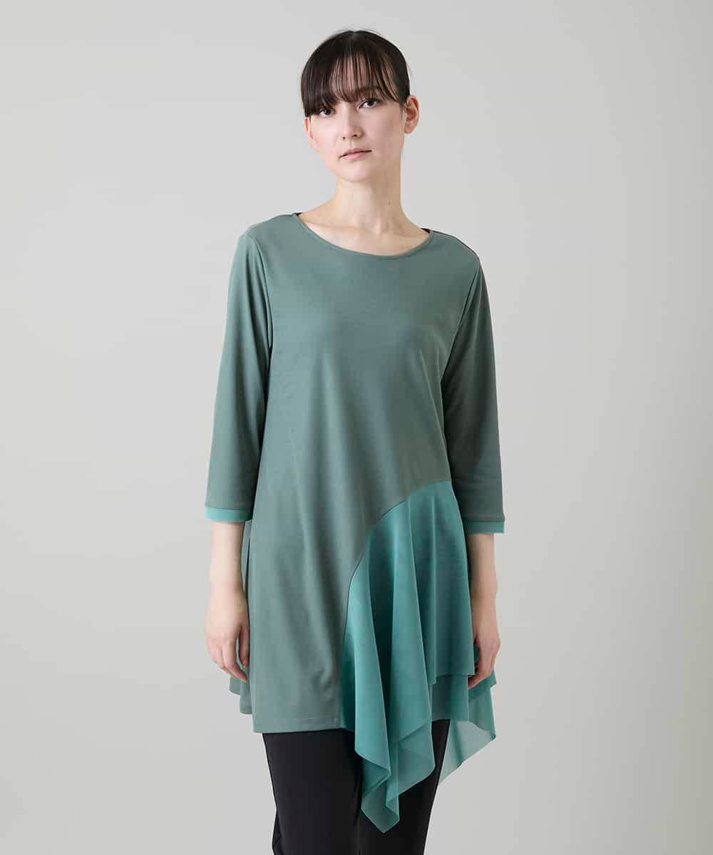RHKGF11330 HIROKO KOSHINO(ヒロココシノ) アシンメトリーチュールヘムデザインチュニック/日本製/洗える グリーン