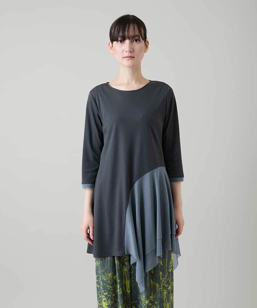 RHKGF11330 HIROKO KOSHINO(ヒロココシノ) アシンメトリーチュールヘムデザインチュニック/日本製/洗える グレー