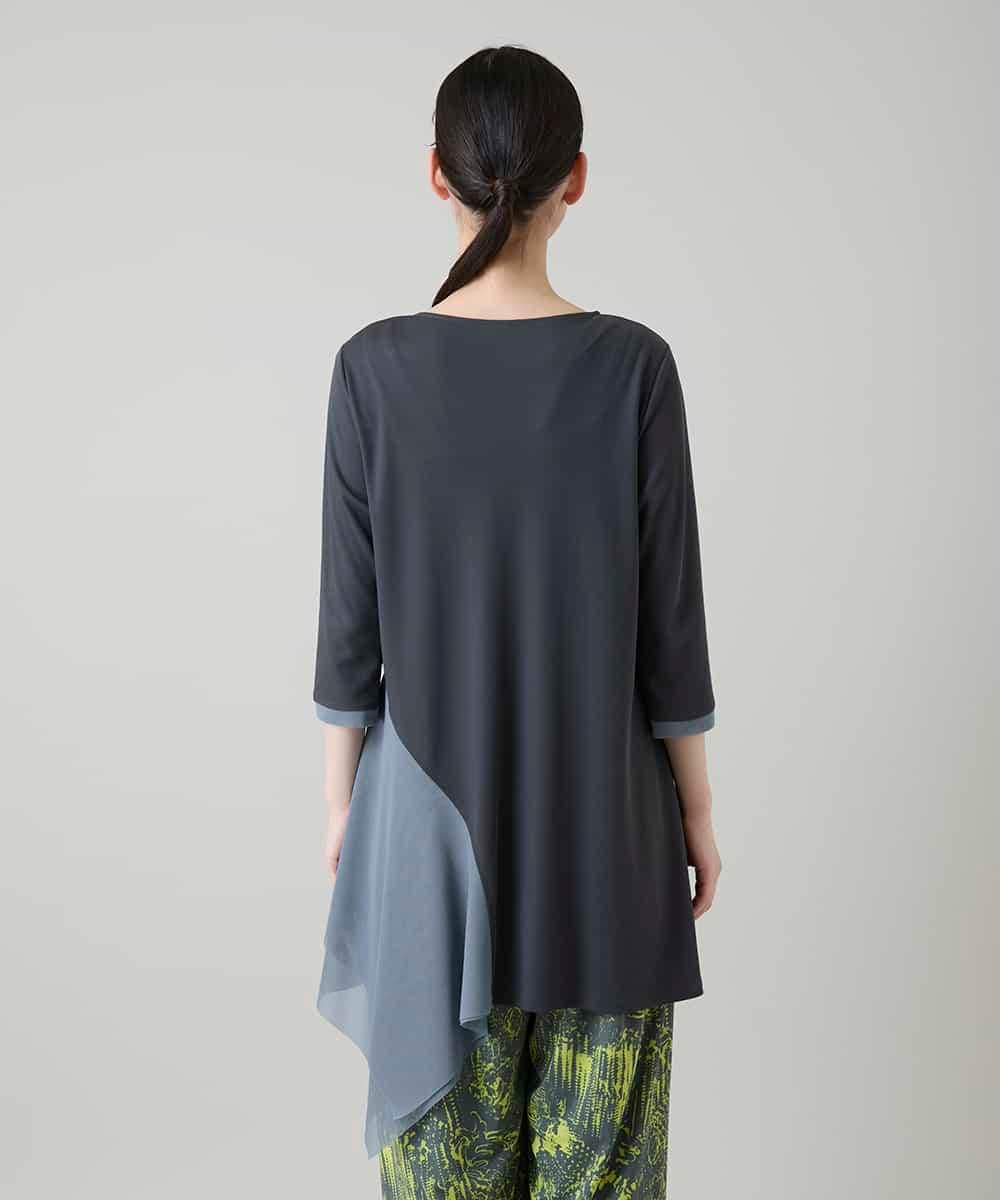 RHKGF11330 HIROKO KOSHINO(ヒロココシノ) アシンメトリーチュールヘムデザインチュニック/日本製/洗える グレー